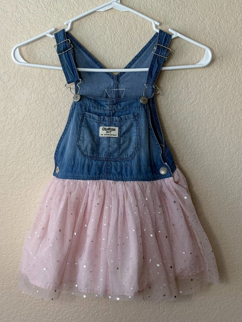 OshKosh B'gosh 3T Denim Pink Tulle Star Overall Dress